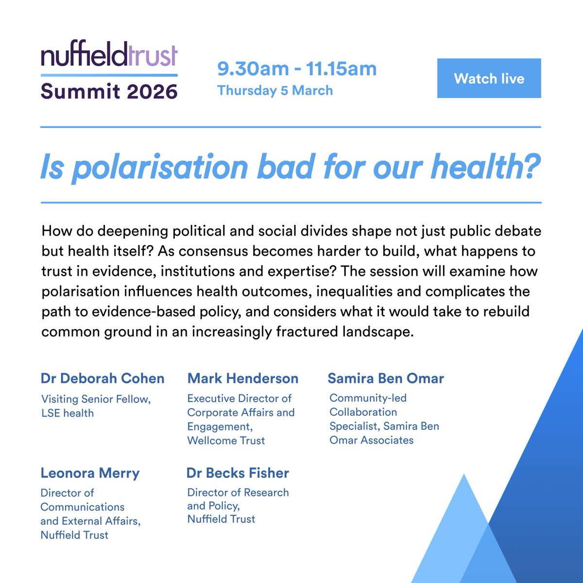 NuffieldTrust's tweet photo. In a world of short attention spans, strong views and increasingly varied sources of information, should we be concerned about how we care for the nation’s health?
Our #ntsummit panel will dive into the debate.
Register to watch on Thursday: https://t.co/URDhlI3aOW https://t.co/N2kBGv4G0O