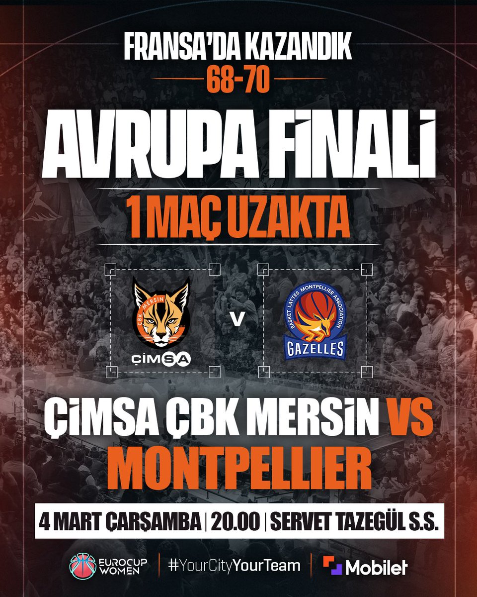 CBKMersin's tweet photo. 🔥 AVRUPA FİNALİ 1 MAÇ UZAKTA!

EuroCup Women’da 4 Mart, Çarşamba günü saat 20.00'de Fransa temsilcisi Montpellier'i Servet Tazegül Spor Salonu’nda konuk ediyoruz.

📲 Biletler https://t.co/FIqNRVaZzE’da ve Servet Tazegül Spor Salonu bilet gişelerinde satışta!

#WeAreÇBK #YourCityYourTeam #EuroCupWomen