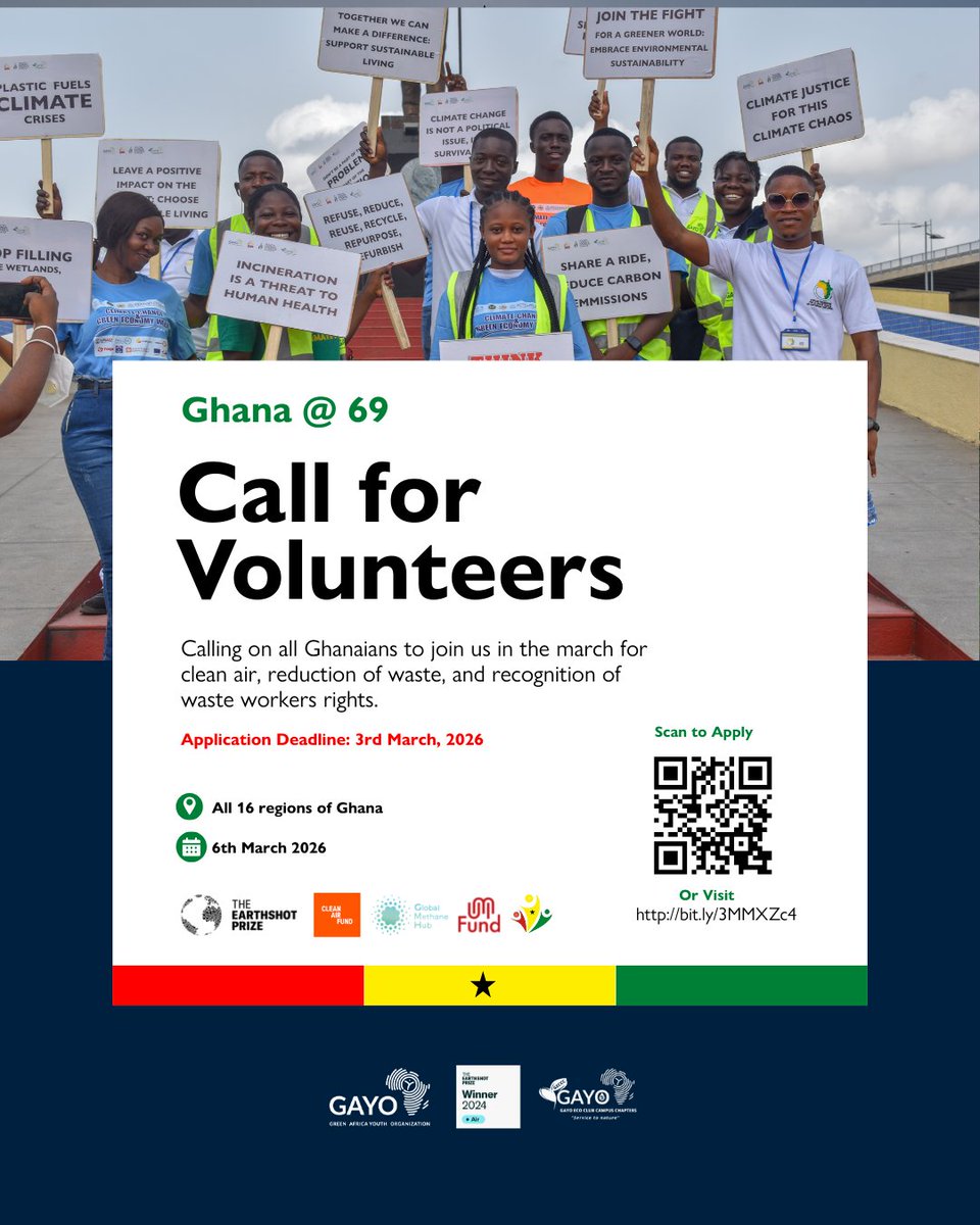 gayoghana's tweet photo. CALL FOR VOLUNTEERS.

Join us in the march for #cleanair  and demand a healthier future for all.

Join us now: https://t.co/VxEY41u7aw

Deadline: 3rd March, 2026.

#GHforCleanAir  #JustTransition  #CleanAirforZeroWaste #GHat69 https://t.co/G8fmb5nRvf