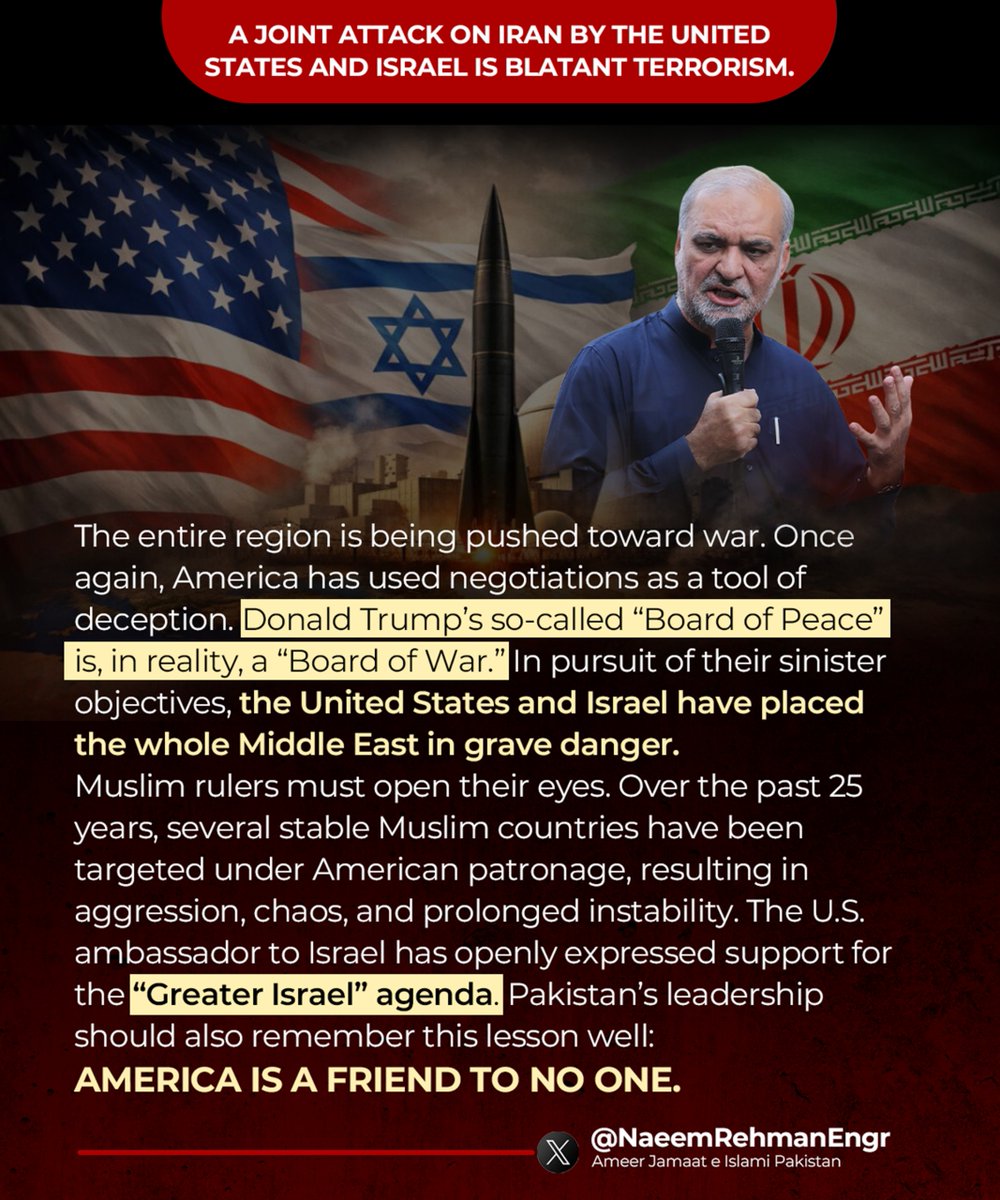 JIPOfficial's tweet photo. Once again, America has used negotiations as a tool of deception. @realDonaldTrump  so-called “Board of Peace” is, in reality, a “Board of War.” 

In pursuit of their sinister objectives, the United States and Israel have placed the whole Middle East in grave danger.

Pakistan’s leadership should also remember this lesson well: America is a friend to no one. 
@NaeemRehmanEngr 
#Iran #Tehran #Israel #America