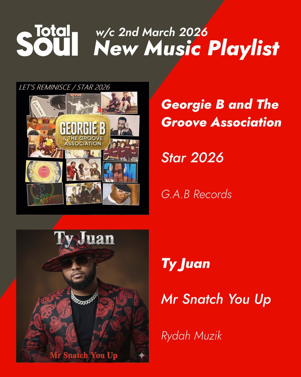 totalsoulradio's tweet photo. New music on @totalsoulradio this week:

🔴 Star 2026 from Georgie B and The Groove Association
🔴 Mr Snatch You Up from @Tyjuan

Catch these songs online, on Nation Player and on Alexa!

#totalsoul #newmusic #newsoul https://t.co/fuoBuKupDB