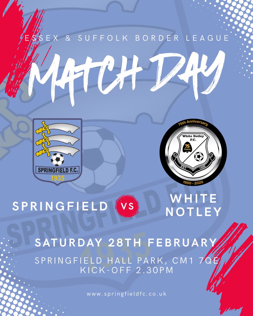 Springfield1935's tweet photo. ๐โค๏ธ MATCHDAY ๐โค๏ธ
Springfield vs White Notley
๐ Springfield Hall Park
โฐ 2:30pm KO
Home turf. Big performance needed. Letโs go ๐
#SpringfieldFC #UpTheField #ESBPL https://t.co/Na5xfZogdU