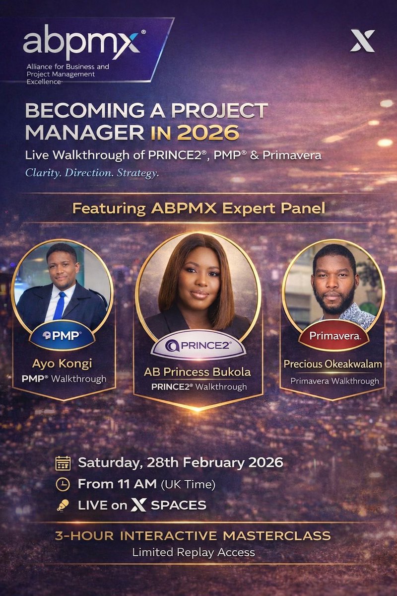 abpm_x's tweet photo. We’re going LIVE in less than 2 hours! ⏳🚀
This is your chance to gain clarity on becoming a certified Project Manager through PRINCE2®, PMP®, and Primavera directly from experienced professionals.
#ProjectManagement #PMP #PRINCE2 #Primavera #ABPMX #LiveSession https://t.co/MzgiRLSl7R