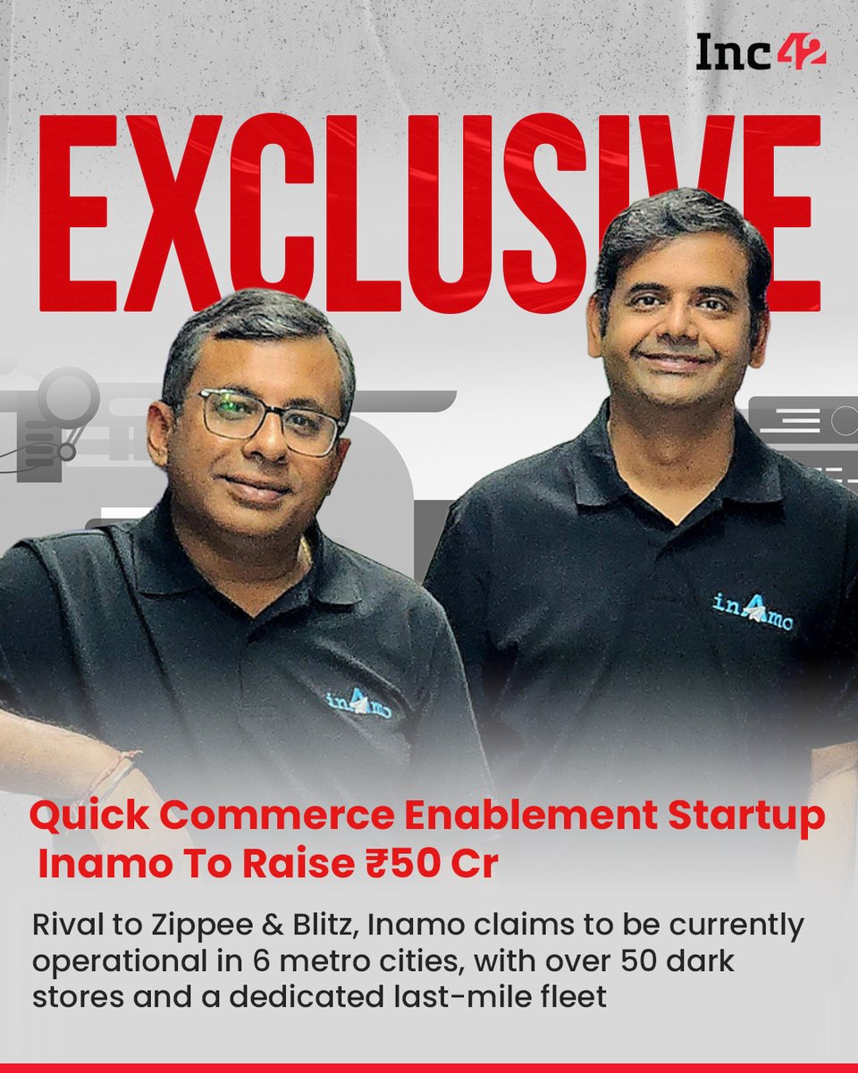Inc42's tweet photo. 🚨Inc42 Exclusive🚨

Quick commerce enablement startup Inamo is raising ₹50 Cr (about $5.4 Mn) in what seems to be its Series A funding round. 👇

The startup has been working on this round since the end of last year, sources told Inc42. According to Inamo’s regulatory filings, the round is being led by Five SB Limited. It will also see participation from existing investors Shastra VC, Antler, and Gemba Capital.

The funding round comes almost five months after the startup raised $3 Mn to expand its dark store network.

Founded by ex-Dunzo VP Sumit Anand and ex-ApnaKlub product head Rupesh Thakare in 2024, Inamo helps businesses set up, scale and optimise dark store operations by offering dark store management solutions, fleet for last-mile deliveries, among other services.

🔗Read the full article here- https://t.co/d4XnYgkAOA

#news #Inc42 #Exclusive #quickcommerce #ecommerce #funding #commerce #retail #tech