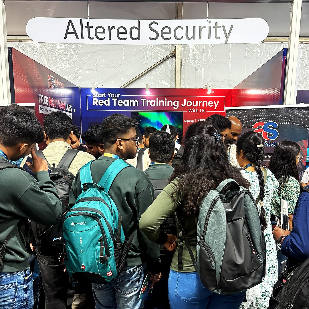 AlteredSecurity's tweet photo. Day 1 continues at @nullcon Goa 2026.
At Booth No. 8, weâre engaging with the community and seeing great participation in our Red Team Skill Check giveaway.
Visit us and connect with the @AlteredSecurity team.
#NullCon #CyberSecurity #RedTeam #AlteredSecurity