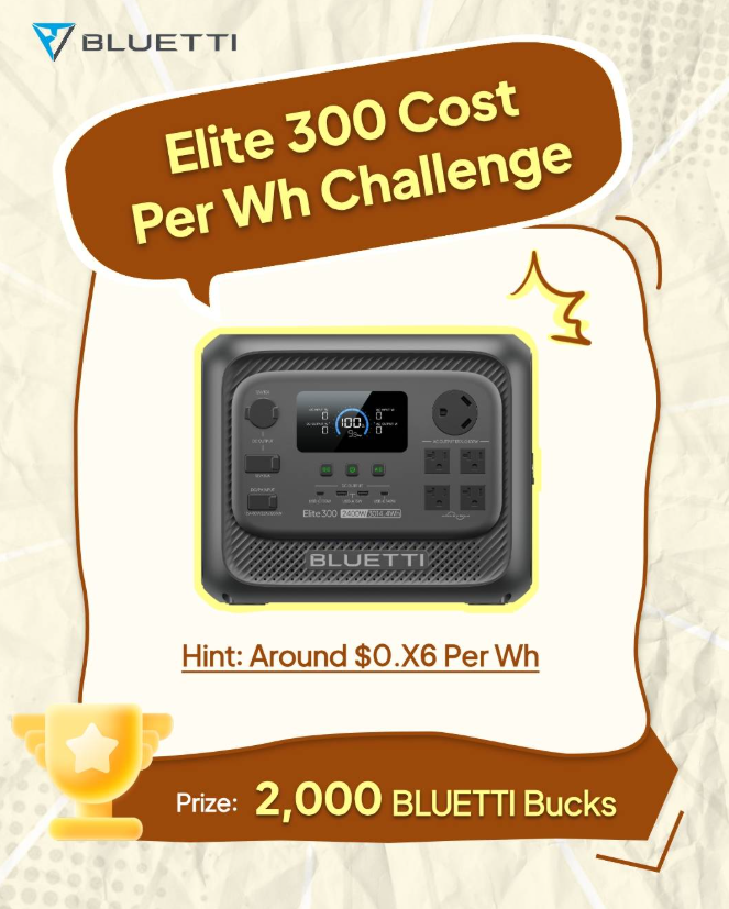 Elite 300 Cost Per Wh Challenge ⚡

What’s the cost per Wh of the Elite 300? Take a guess!👀
Drop your best estimate in the comments for a chance to win.👇

💡 Hint: It’s around $0.X6 per Wh

🎁 5 winners will each receive 2,000 BLUETTI Bucks on March 10.

Join us now and power