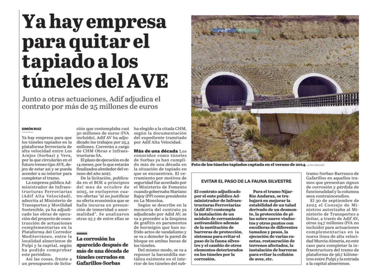 Cuando se habla del AVE a Almería, conviene recordar que el PP no solo detuvo las obras, sino que tapió los túneles que ya estaban construidos. Una de las tareas que nos ha tocado realizar es destapiarlos para culminar la infraestructura.