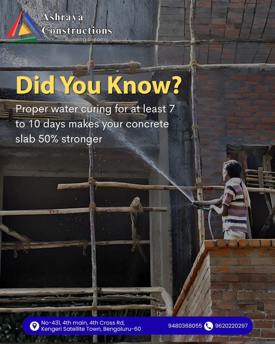 ashrayaconstruc's tweet image. 💧 Did You Know?
Proper water curing for just 7 to 10 days can make your concrete slab up to 50% stronger.
At #AshrayaConstructions, we follow the right construction practices to ensure durability, safety, and quality — from foundation to finish
#ConstructionTips #ConcreteCuring