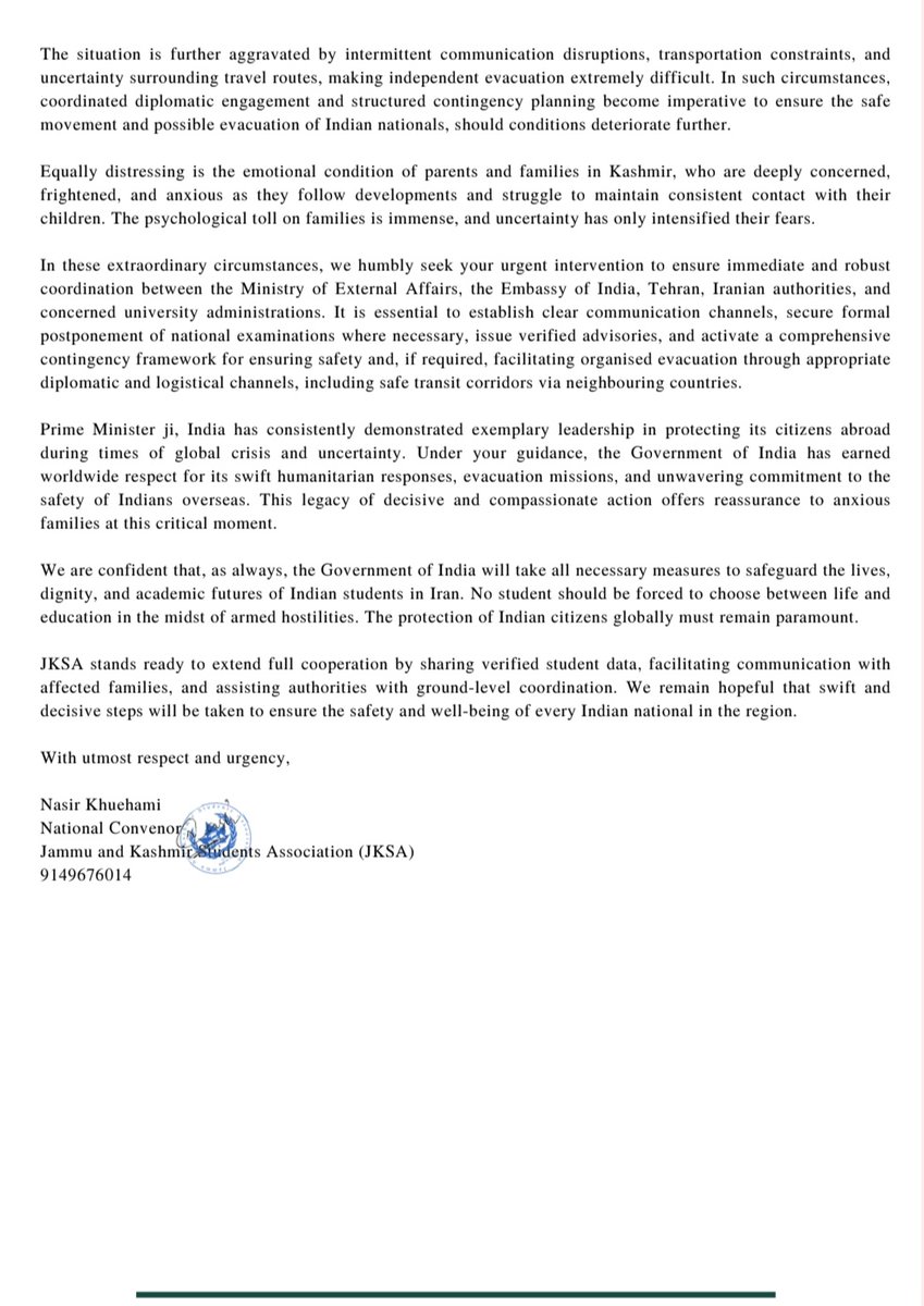 JKSA Writes to PM <a href="/narendramodi/">Narendra Modi</a> Seeking Urgent Intervention to Ensure Safety and Evacuation of Indian Students in Iran Amid Escalation

<a href="/PMOIndia/">PMO India</a> <a href="/GreaterKashmir/">Greater Kashmir</a> <a href="/ANI/">ANI</a> <a href="/ians_india/">IANS</a> <a href="/PTI_News/">Press Trust of India</a> <a href="/ndtv/">NDTV</a> <a href="/KNSKashmir/">KNS</a> <a href="/RisingKashmir/">Rising Kashmir</a> <a href="/TimesNow/">TIMES NOW</a> <a href="/IndiaToday/">IndiaToday</a> <a href="/smitaprakash/">Smita Prakash</a> <a href="/ZeeNews/">Zee News</a>