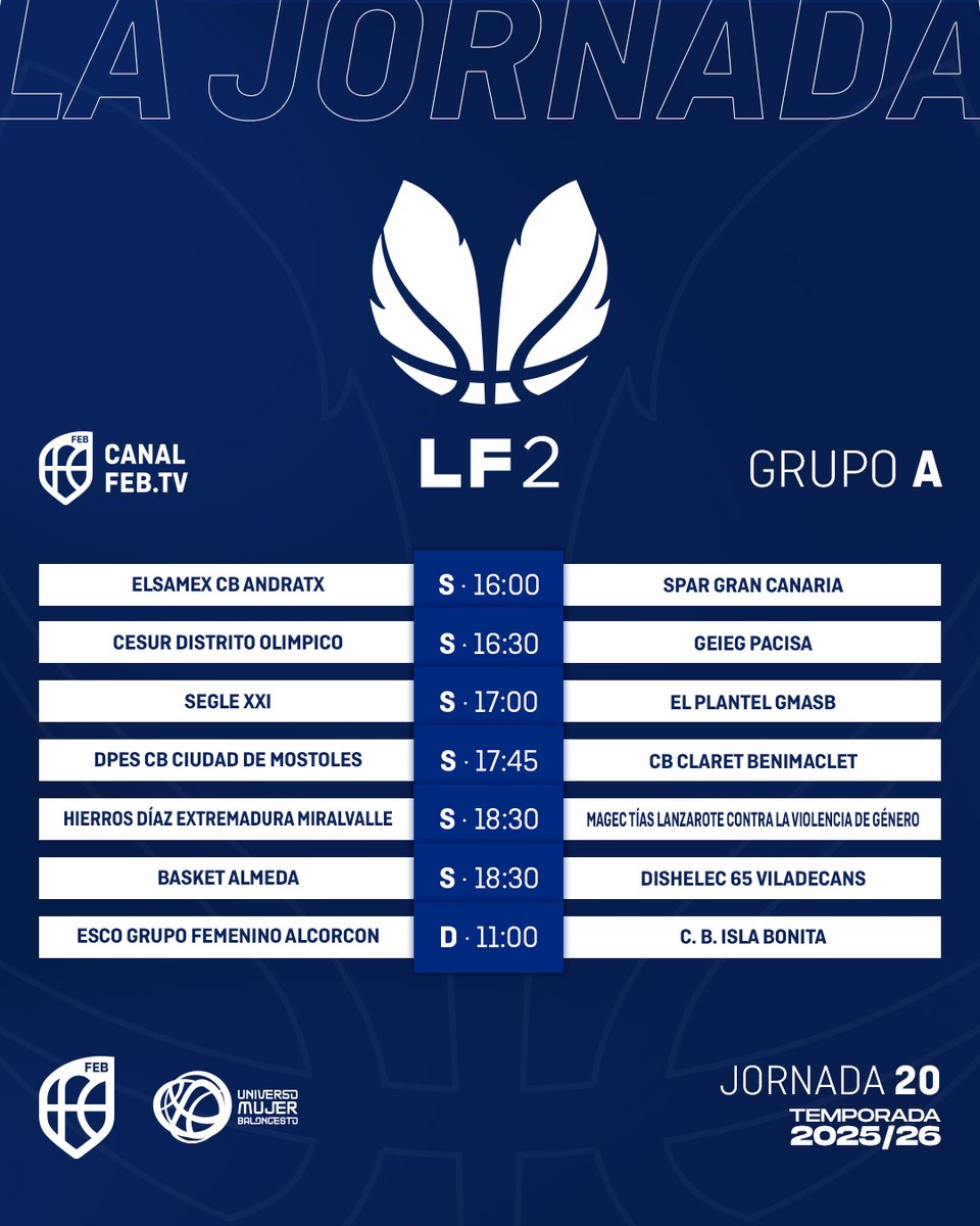 CompeticionFEB's tweet photo. 🔵 #LF2: La 🇯2⃣0⃣ llega esta tarde para seguir avanzando hacia la lucha por los ascensos

▶ El @DistritOlimpico recibe al @GEiEGBasquet en un duelo clave en Madrid

🕔 Desde las 16:00 h.
📝 https://t.co/a0OJLRUrkf
📊 https://t.co/z1jKa06ipr
📺 https://t.co/yzgOgVKn9G https://t.co/6DfnkD8RNS