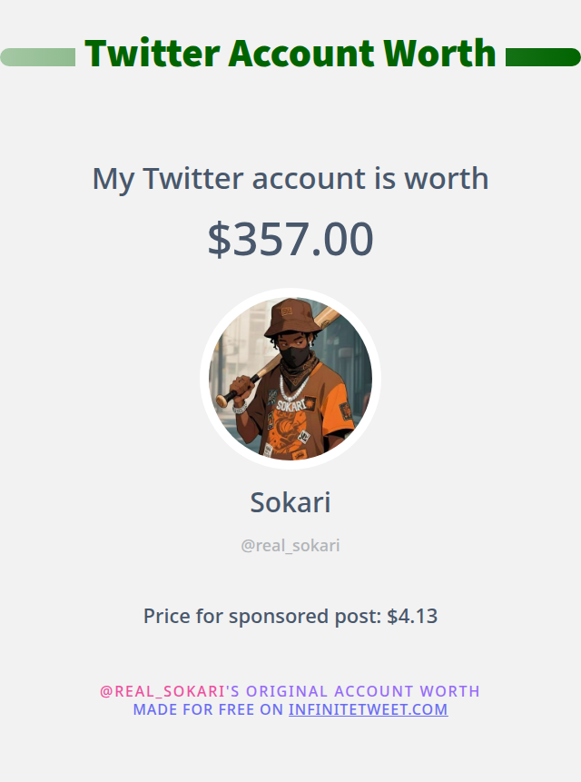 My Twitter worth is: $357.00

➡️ infinitetweet.me/account-worth