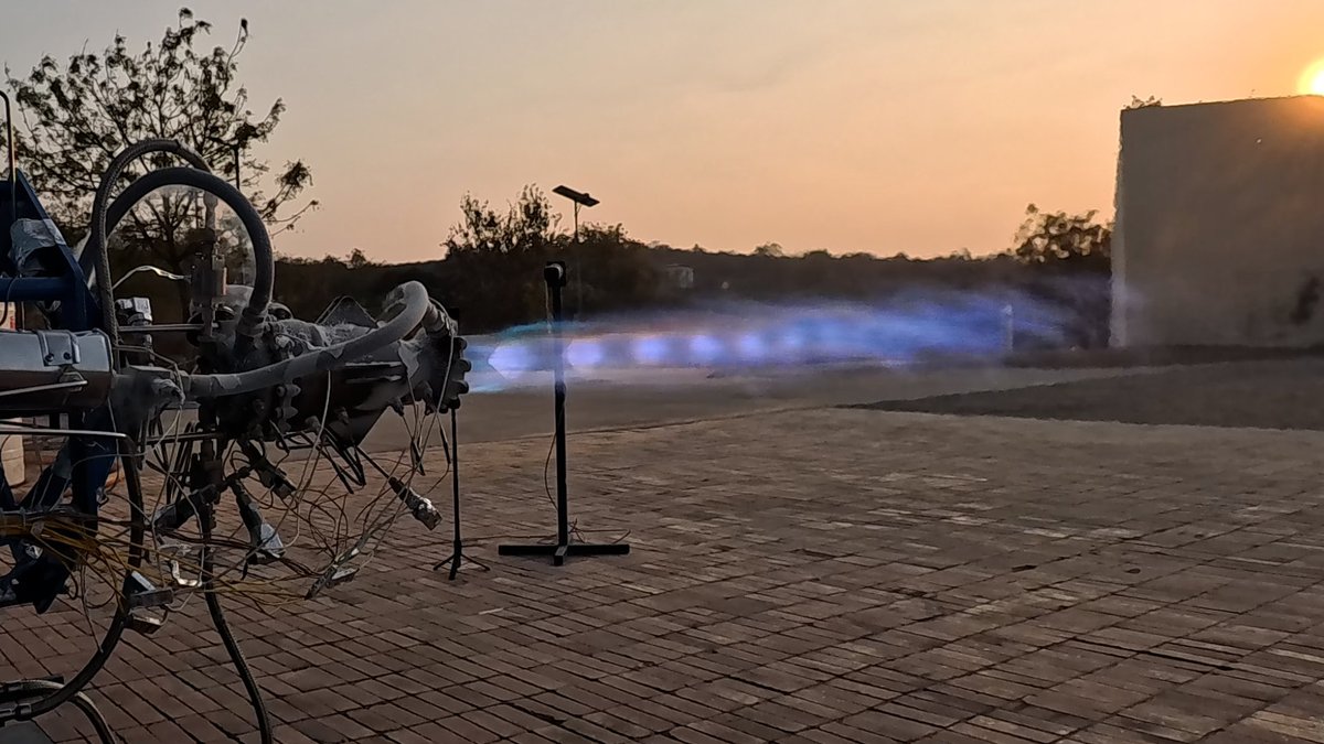 PawanKChandana's tweet photo. That electric blue flame.
Those perfect Mach diamonds.

Cryogenic combustion at its finest — from our recent Dhawan-III engine test.

New design. New build.
Fully 3D-printed.
Methalox.
First time right.

Progress, one hot-fire at a time. 🔥🚀 https://t.co/xGLoy9hcr5