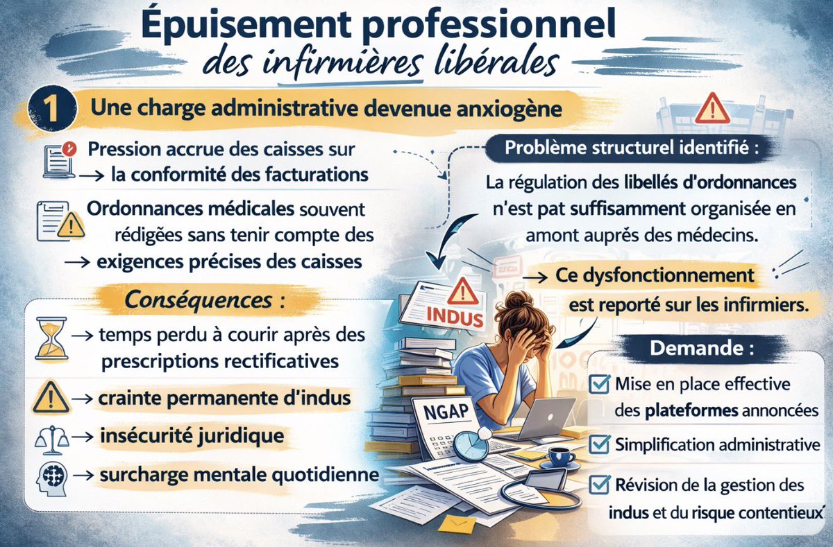 Slide 2
Épuisement professionnel des infirmières libérales

L’épuisement professionnel des infirmières libérales repose sur un cumul de charges mentales, administratives, financières et familiales, qui s’auto-alimentent.

1️⃣ Une charge administrative devenue anxiogène
•Pression