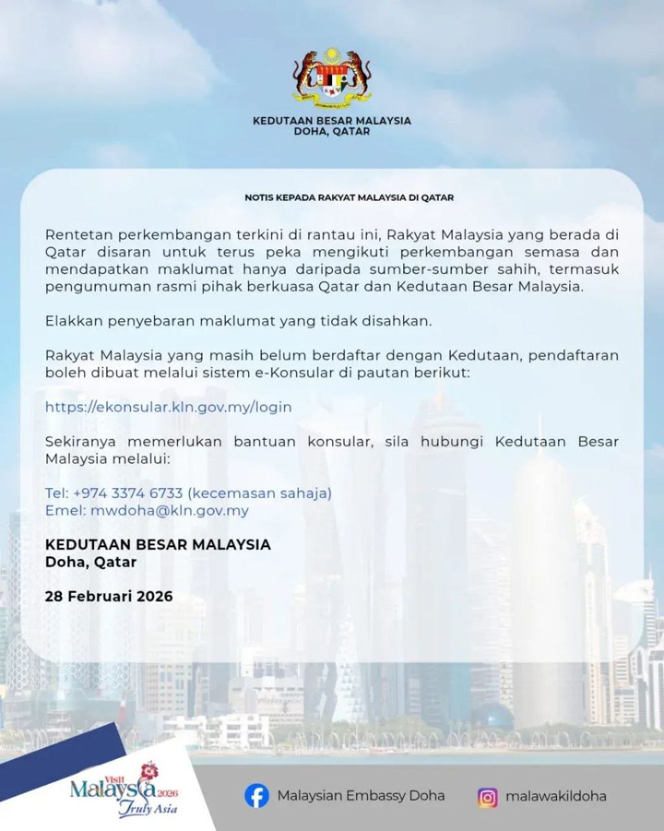 Marchfoward's tweet photo. TERKINI 

Kedutaan Besar Malaysia di Qatar mengeluarkan nasihat kepada rakyat Malaysia di sana https://t.co/bZ7L1IbqKo