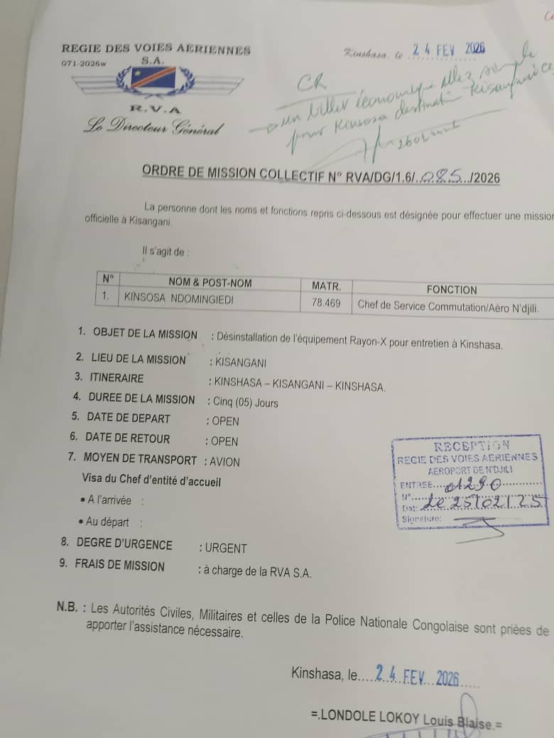 sergesindani01's tweet photo. 🔴#RDC—— Controverse à l'aéroport de Bangboka à #Kisangani : Dans son mensonge, le DG de la RVA signe un ordre de mission dont l'objet - « Désinstallation de l'équipement rayon-X pour entretien à #Kinshasa », alors que l'équipement en question n'est tombé en panne. 

En attendant des initiatives parlementaires, nous appelons à la vigilance. 
Cet outil ne doit pas quitter KISANGANI.

Je rappelle qu'au moment de son inauguration, l'aéroport de KISANGANI comptait 200 chariots, mais cette même Direction a fait disparaître 100 chariots à #Kisangani.

Fontaine Mangala 
Député National, élu de Kisangani