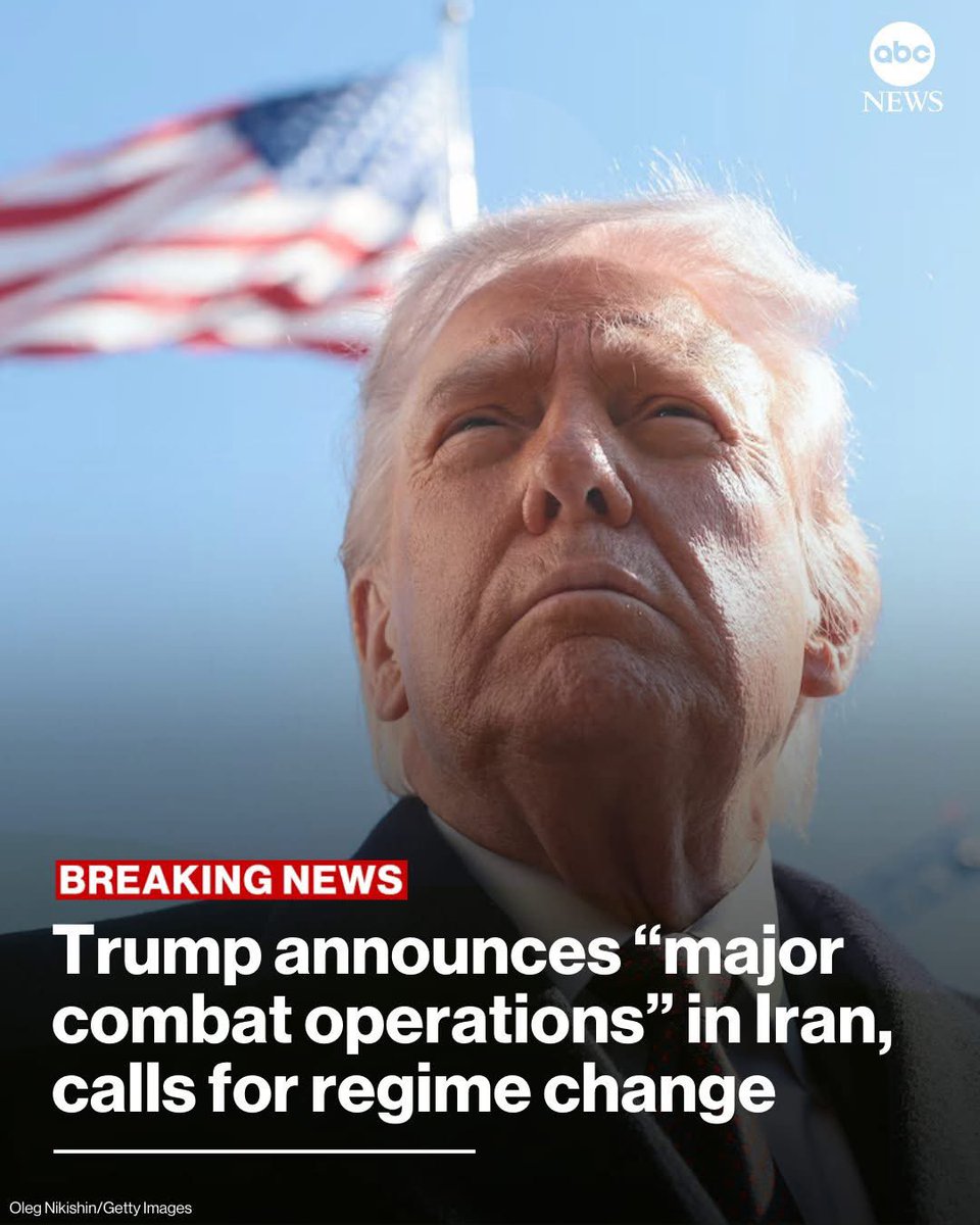 nazyjavid's tweet photo. BREAKING: President Trump confirmed the U.S. military began "major combat operations in Iran," in a video posted on his social platform shortly after the U.S. and #Israel launched a joint attack on #Iran.
 
Read more: https://t.co/Ol5oxEgkpO [📸: ABC News]

#IranRevolution2026 https://t.co/U5T78fdAOF