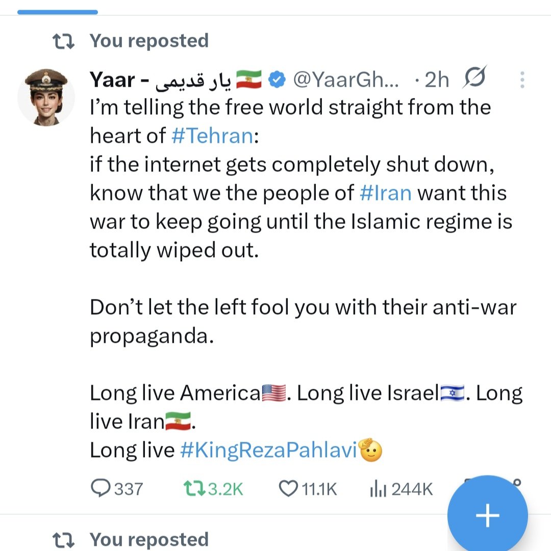 SPT1603's tweet photo. Instead of climbing onto your political high horse and lecturing everyone from afar, maybe pause for a moment and ask what the people of Iran actually want. Not what suits your narrative. Not what fits your ideology. The actual voices on the ground.
You’re always first in line to chant “anti-war” while conveniently ignoring who started the fire and who keeps pouring fuel on it. Criticising a regime that brutalises its own people is not extremism. Pretending those people don’t exist because it’s uncomfortable for your politics is.
Stop reflexively opposing the West long enough to recognise that not every conflict is a simple good-versus-bad fairy tale. Sometimes the loudest “peace” slogans end up shielding the very forces that silence dissent at home.
If you really care about human rights, start by listening to those risking everything to speak.