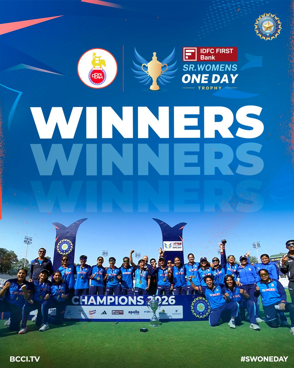 BCCIdomestic's tweet photo. 𝗪.𝗜.𝗡.𝗡.𝗘.𝗥.𝗦 🏆

Congratulations to Delhi on clinching the Senior Women's One-Day Trophy Elite title 🥳

Scorecard ▶️ https://t.co/In5osrewYC

#SWOneday | @IDFCFIRSTBank https://t.co/fMZtUnVafJ