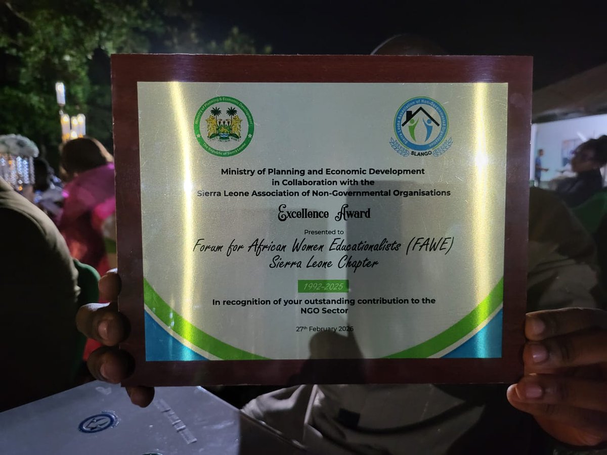 FaweSLeone's tweet photo. The FAWE National Coordinator, Mr. Joseph Alpha Kamara, received an Award of Excellence for Outstanding Contribution last night at Freetown Golf Club Best Performing NGOs during the NGO Day Celebration organized by MoPED and SLANGO.
#NGOWeek2026
#40BestNGOs
#Fawesl
#FAWEAfrica https://t.co/L8c4tznEAn