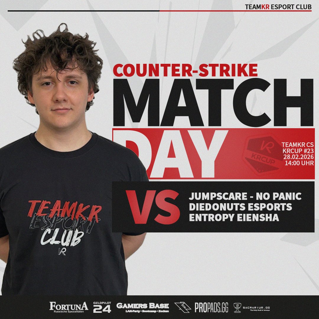 teamKR_'s tweet photo. [ CS | Matchday ]

Heute nimmt unser CS-Team am @KRCup_de #23 teil.
Unsere Gegner in der Gruppenphase werden @JumpScareEsport, @EntropyDiamonds und @DieDonuts sein.

Wer das Match überträgt, wird euch noch mitgeteilt.

🏆 KRCup #23
⏰ 14:00 Uhr
📺 folgt

---
#teamKR #cs2 #cs #twitch #esport