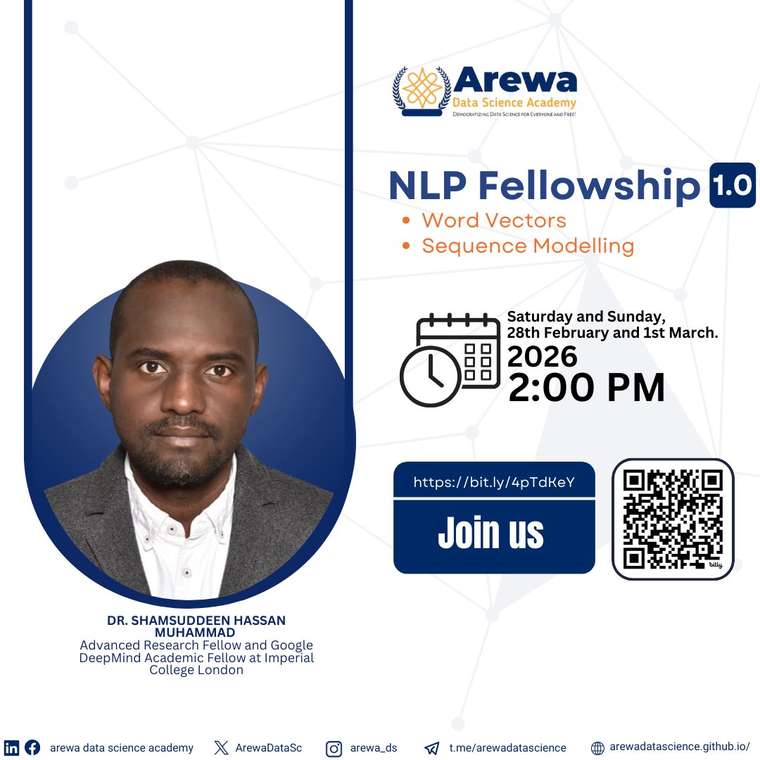 ArewaDataSc's tweet photo. Week 5 of NLP Fellowship:

Topic: Word Vectors &amp; Sequence Modelling
Date: Saturday and Sunday, 28th February and 1st March, 2026
⁠Time: 2:00 PM.
⁠Join live: https://t.co/IpBBPMToxp

#arewadatascience #arewa #NLP #LLMs https://t.co/Hukri8KPfO