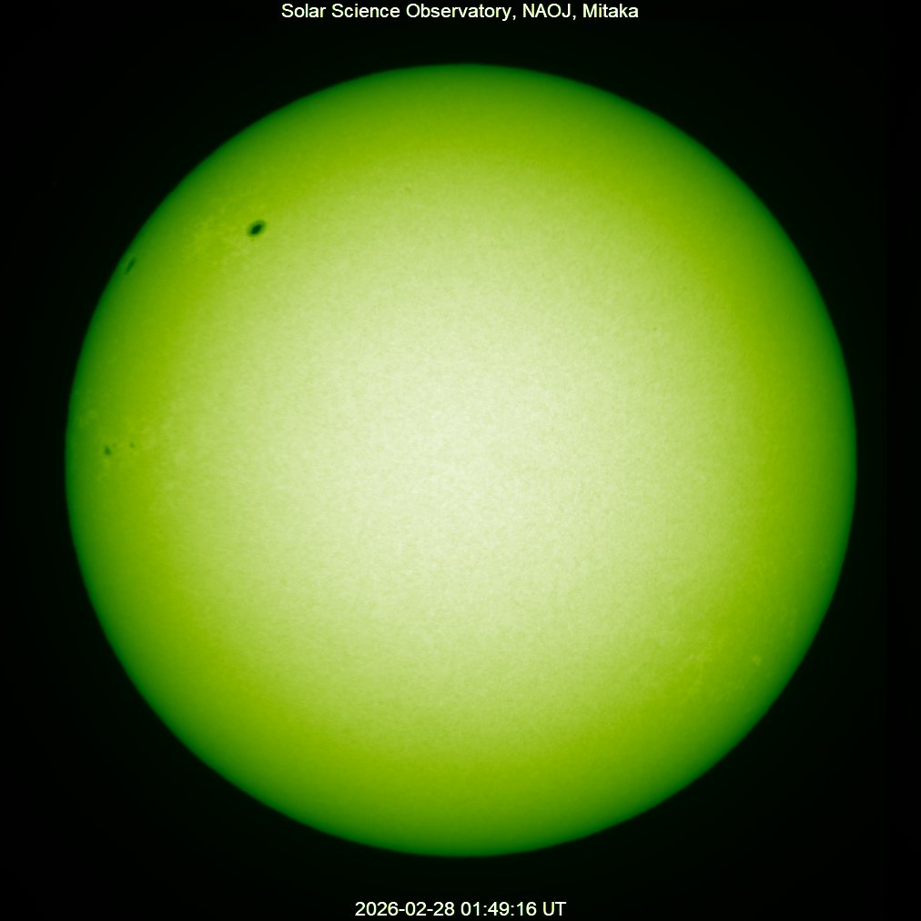 本日の太陽】2026-02-28の太陽黒点 北半球g=3,f=5,R=35 南半球g=1,f=2