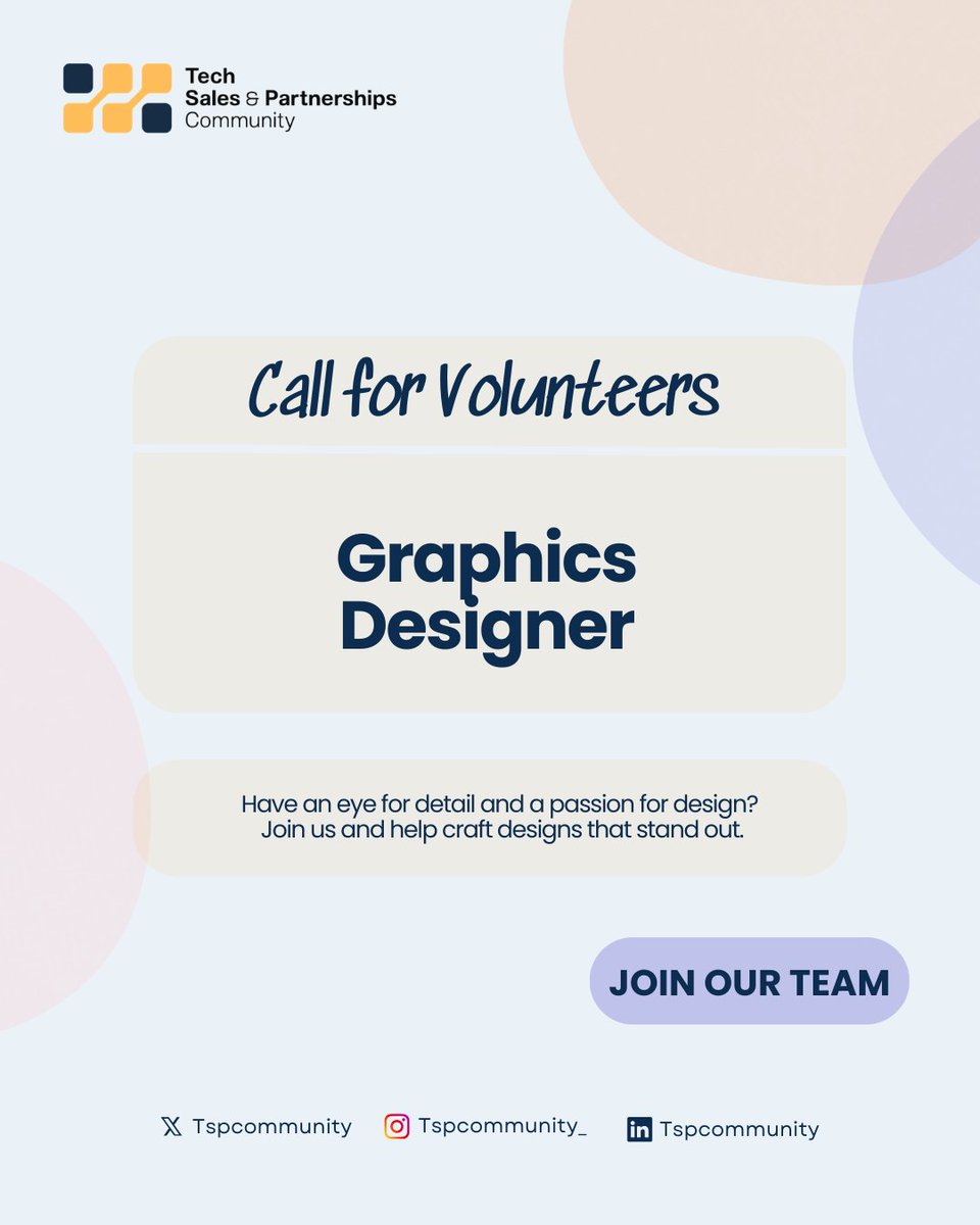 TspCommunity's tweet photo. Are you creative and confident with Canva?
TSPC is looking for a Graphic Designer (Volunteer) to join the team.
Apply here🔗https://t.co/MwQMJycVCp
#TspCommunity #TechSales #Volunteer https://t.co/JB2ZLc9jOt
