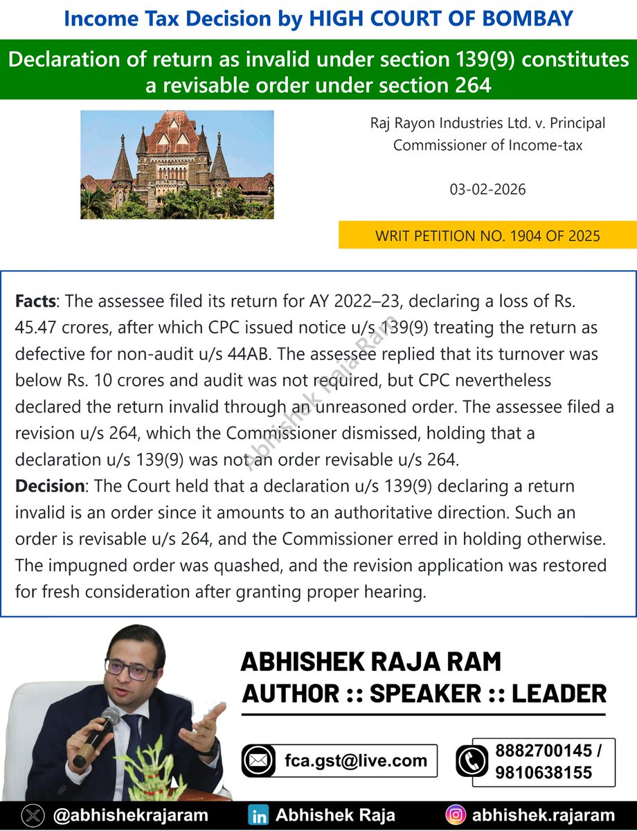 abhishekrajaram's tweet photo. High Court of Bombay held that declaring a return invalid under Section 139(9) constitutes a revisable order under Section 264, restoring the assessee’s revision for fresh consideration.
#IncomeTax #Section139 #TaxJudgment
👉 Stay updated on GST—join our WhatsApp group for more such content.
Link : https://t.co/p9q0ocNGCo