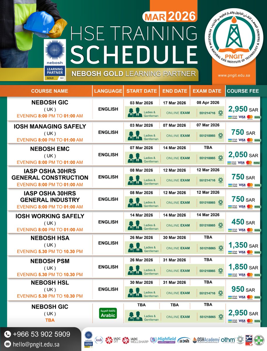 📅 جدول دورات HSE لشهر مارس 2026 وصل! 🦺
أونلاين + اختبارات أونلاين | فترات مسائية | (رجال/نساء)

أبرز الدورات:
• NEBOSH IGC: 03–17 Mar (Exam 08 Apr)
• IOSH MS: 03–07 Mar
• OSHA 30H: 08–12 Mar
• NEBOSH HSA/PSM/HSL: 26–31 Mar

🔗 التفاصيل: pngit.edu.sa/professional-t…

📲 التسجيل