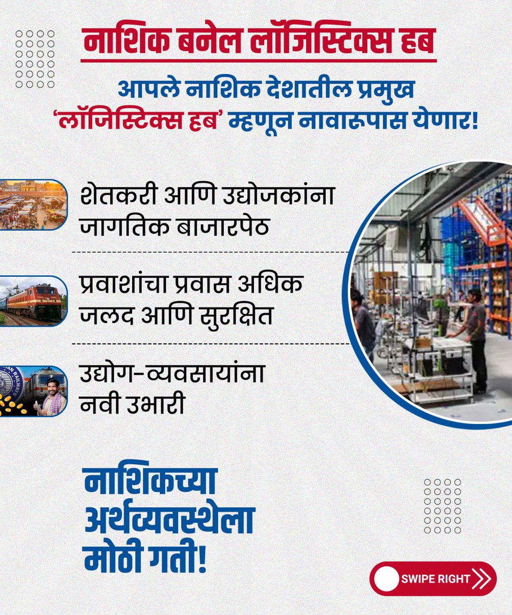 ChhaganCBhujbal's tweet photo. नवी रेल्वे लाईन, नवी संधी!

नाशिकच्या औद्योगिक आणि कृषी विकासासाठी अत्यंत महत्त्वाच्या असलेल्या कसारा-इगतपुरी-नाशिक-मनमाड मार्गावरील तिसऱ्या आणि चौथ्या रेल्वे लाईन प्रकल्पास अखेर मंजुरी मिळाली आहे. केंद्र सरकारकडे केलेल्या सातत्यपूर्ण पाठपुराव्याला यश आले असून, या प्रकल्पाचा समावेश आता 'इंडिया मिडल ईस्ट युरोप इकॉनॉमिक कॉरिडॉर' (IMEEC) अंतर्गत करण्यात आला आहे.

#NashikDevelopment
#RailwayExpansion
#InfrastructureGrowth
#IMEEC