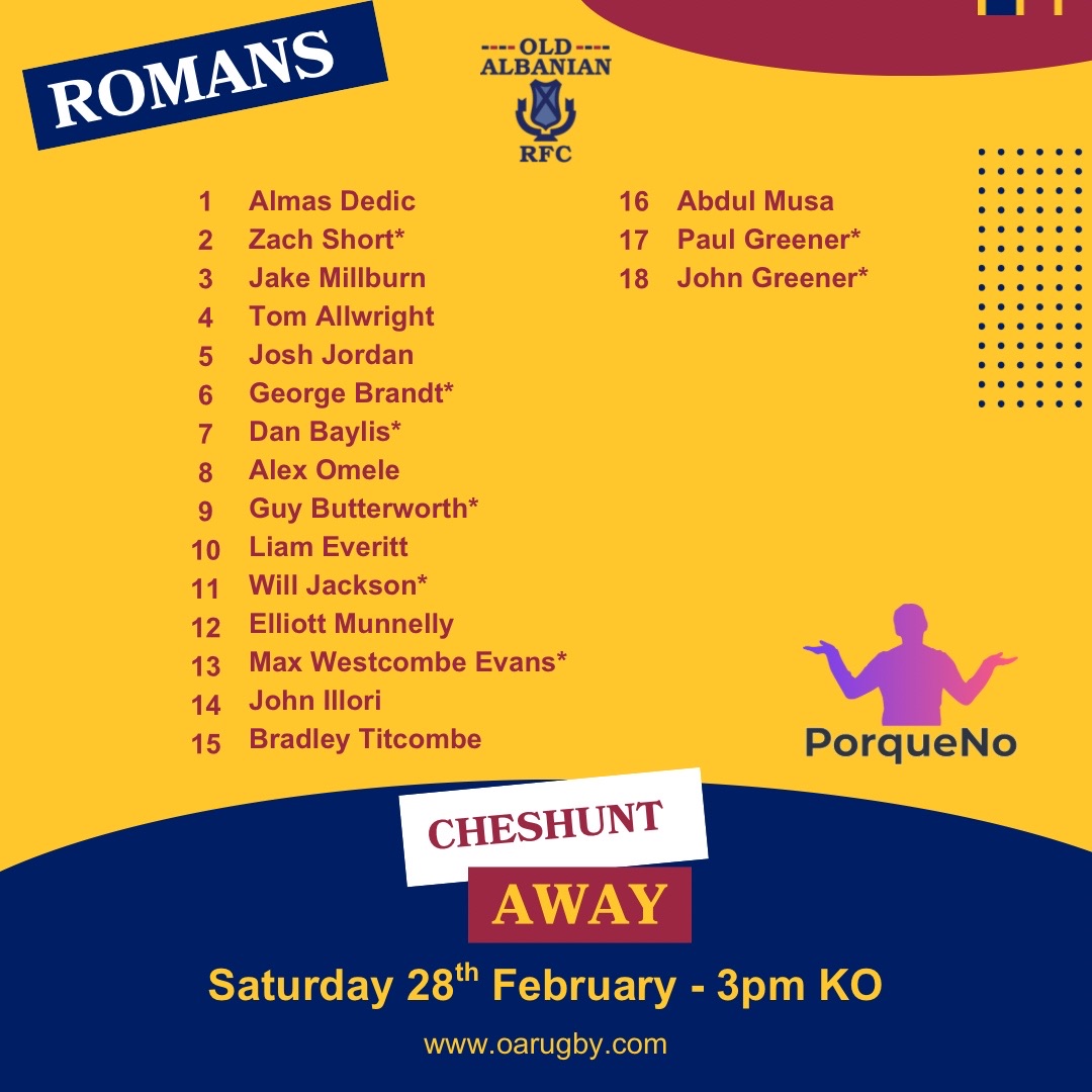 Old_AlbanianRFC's tweet photo. ✨MATCH DAY✨
🏠 Home
M1stXV vs. Oxford Quinns 3pm
Grizzlies vs. St Albans 2nds 2pm 
🛣️ Away
Romans vs. Cheshunt 1st XV 3pm - free buffet for supporters (1pm) 
2 Colts - George Barndt, Zach Short - ‘Go well’

City lunch last chance - tickets https://t.co/NM5Dx2HT0z 
#oarfc #nat2e https://t.co/xKkTVRlWBF