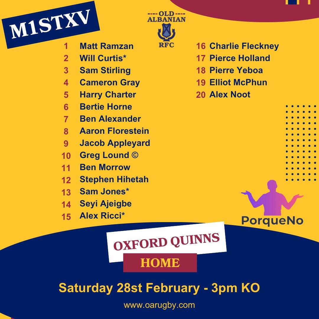 Old_AlbanianRFC's tweet photo. ✨MATCH DAY✨
🏠 Home
M1stXV vs. Oxford Quinns 3pm
Grizzlies vs. St Albans 2nds 2pm 
🛣️ Away
Romans vs. Cheshunt 1st XV 3pm - free buffet for supporters (1pm) 
2 Colts - George Barndt, Zach Short - ‘Go well’

City lunch last chance - tickets https://t.co/NM5Dx2HT0z 
#oarfc #nat2e https://t.co/xKkTVRlWBF