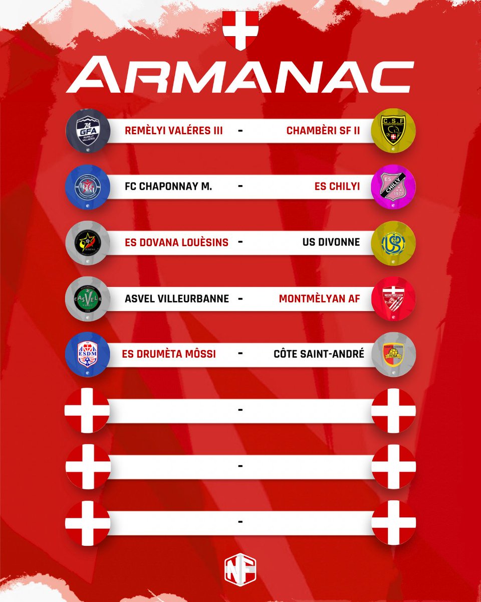 🔥 𝗟𝗘 𝗖𝗔𝗟𝗘𝗡𝗗𝗥𝗜𝗘𝗥 𝗗𝗨 𝗪𝗘𝗘𝗞-𝗘𝗡𝗗 𝗘𝗡 𝗦𝗔𝗩𝗢𝗜𝗘 ! 🇩🇰

• Pas de matchs de N2/N3 ❌
• Énorme choc pour la montée entre le FC Foron et Aix-les-Bains ⚔️
• Chambotte, relégable, reçoit l'inébranlable FC Cluses 👀

Merci à <a href="/LangueSavoyarde/">ILS • Institut de la Langue Savoyarde</a> pour les trads ! 🤝