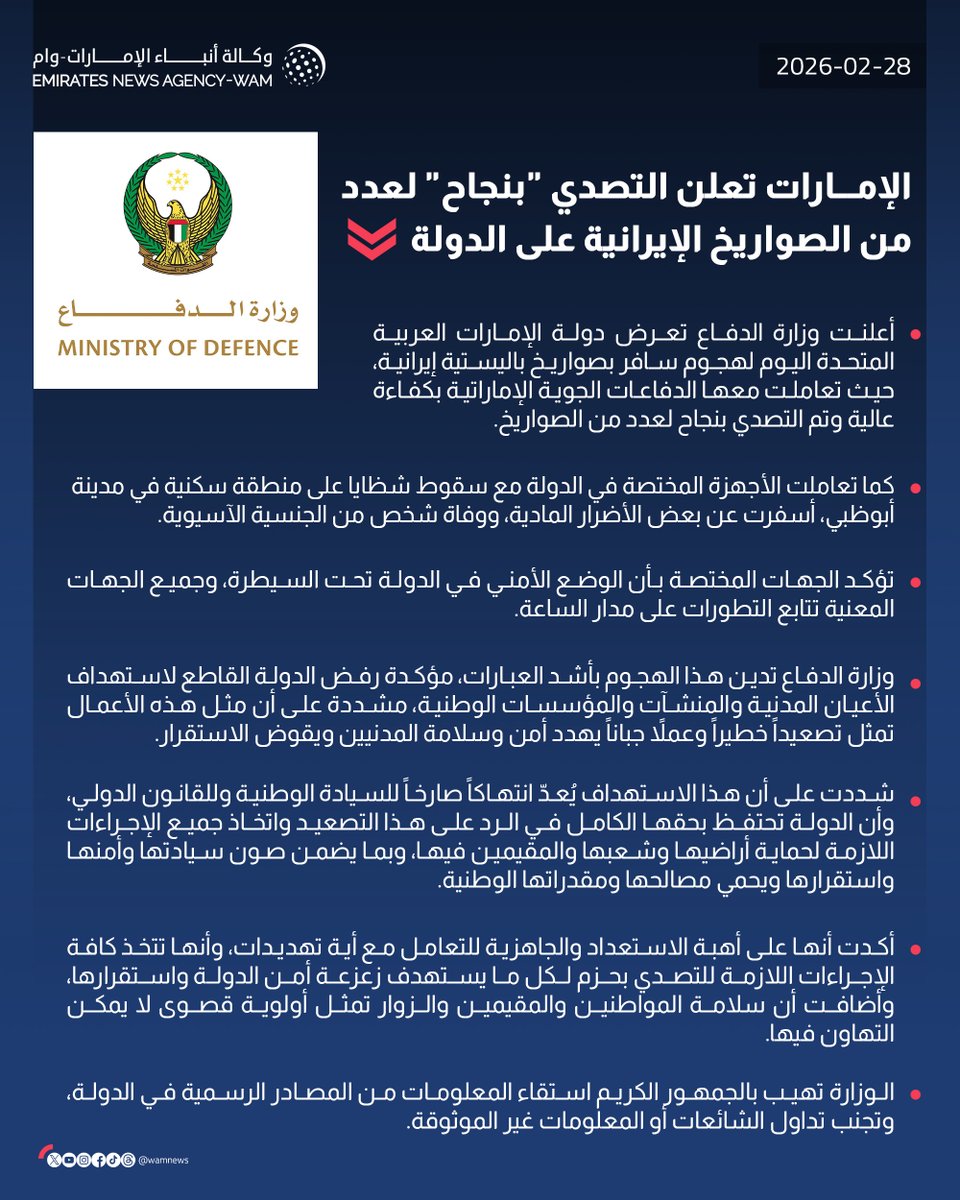 wamnews's tweet photo. #الإمارات تعلن التصدي "بنجاح" لعدد من الصواريخ الإيرانية على الدولة  

#وام
 https://t.co/wJE87dNhKK https://t.co/6fpb6bgVxI