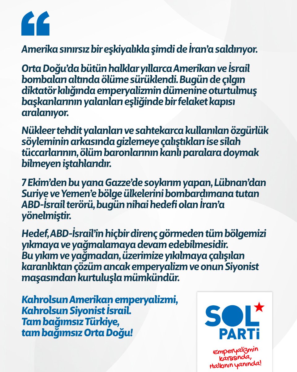 Amerika sınırsız bir eşkiyalıkla şimdi de İran’a saldırıyor. 
Orta Doğu’da bütün halklar yıllarca Amerikan ve İsrail bombaları altında ölüme sürüklendi. Bugün de çılgın diktatör kılığında emperyalizmin dümenine oturtulmuş başkanlarının yalanları eşliğinde bir felaket kapısı
