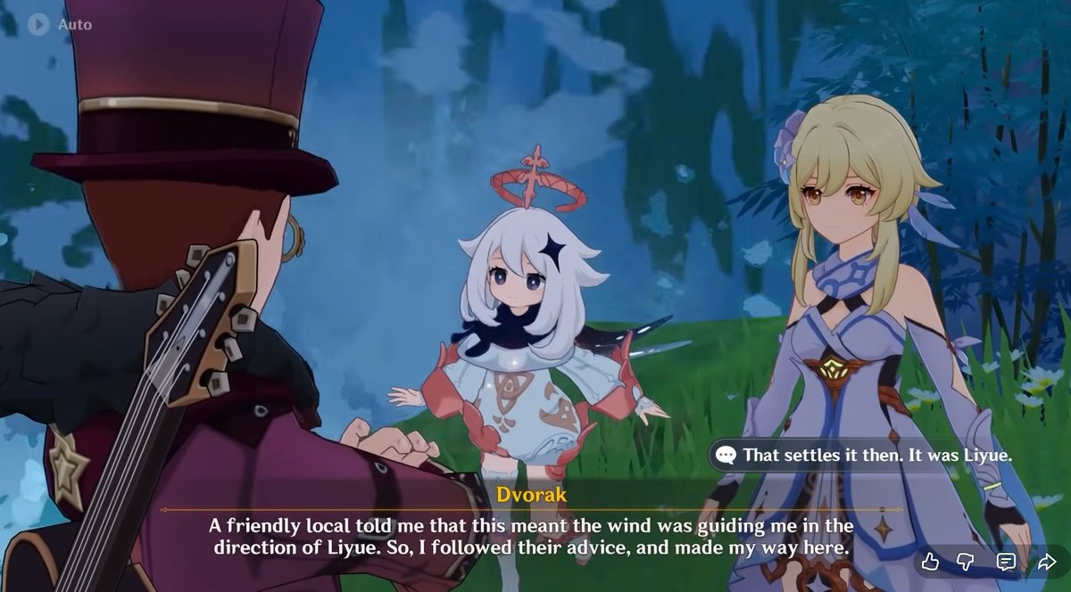 I like how people of Mondstadt "communicate" with their archon. They dont see him, but they feel his presence.
"Oh, I asked an important question/ I'm lost, but I suddenly felt a breeze/heard wind chimes / saw leaves following the wind? 
Lord Barbatos has heard me