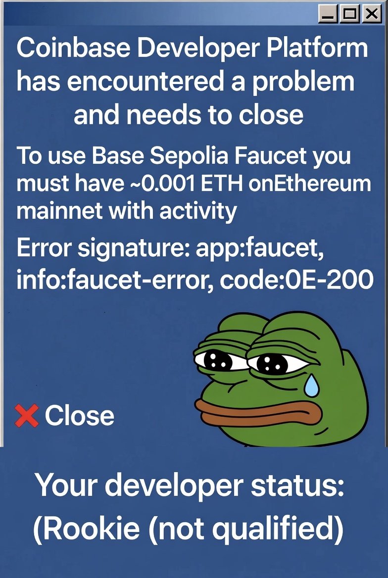 rockhighdev's tweet photo. Coinbase: First go buy 0.001 ETH on mainnet to prove you're a "real developer"
Me: …I just want to test a contract bro 😭 Still doing this in 2026?
#Web3DevProblems #TestnetLife https://t.co/h3hNYeRGrf