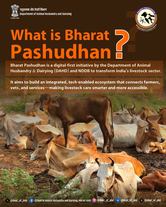 Dept_of_AHD's tweet photo. Bharat Pashudhan is the unified digital livestock database developed under the National Digital Livestock Mission (NDLM).

#BharatPashudhan #NDLM #PashuAadhaar #DigitalLivestock #AnimalHusbandry #LivestockRecords #DAHD #NDDB https://t.co/XrmiOx1EIf