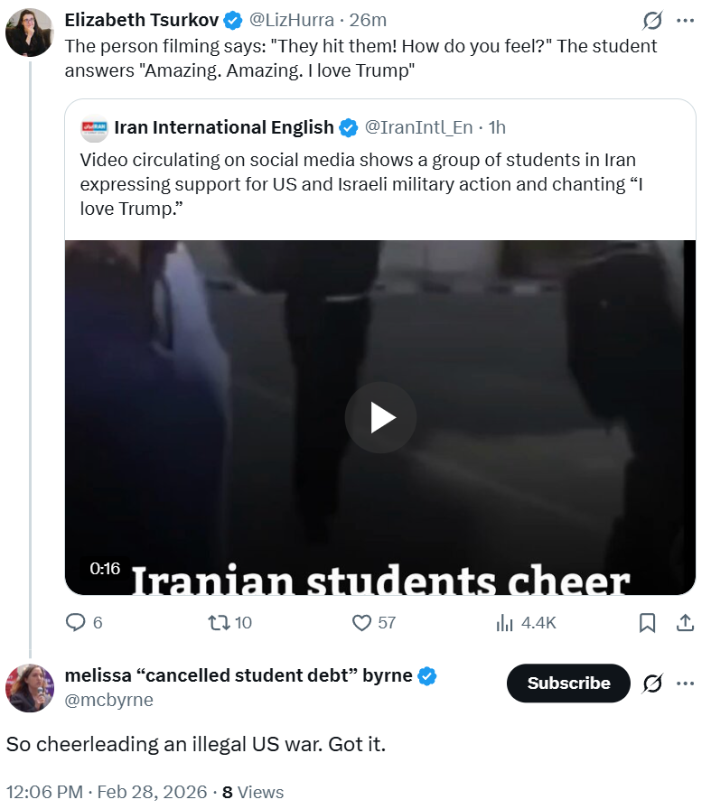 I avoid shaming people on social media, as I don't want to contribute to making this space even more toxic. But I think there is a need to address this phenomenon of Western leftists who ignore and even shame voices from inside Iran and other countries suffering the blight of