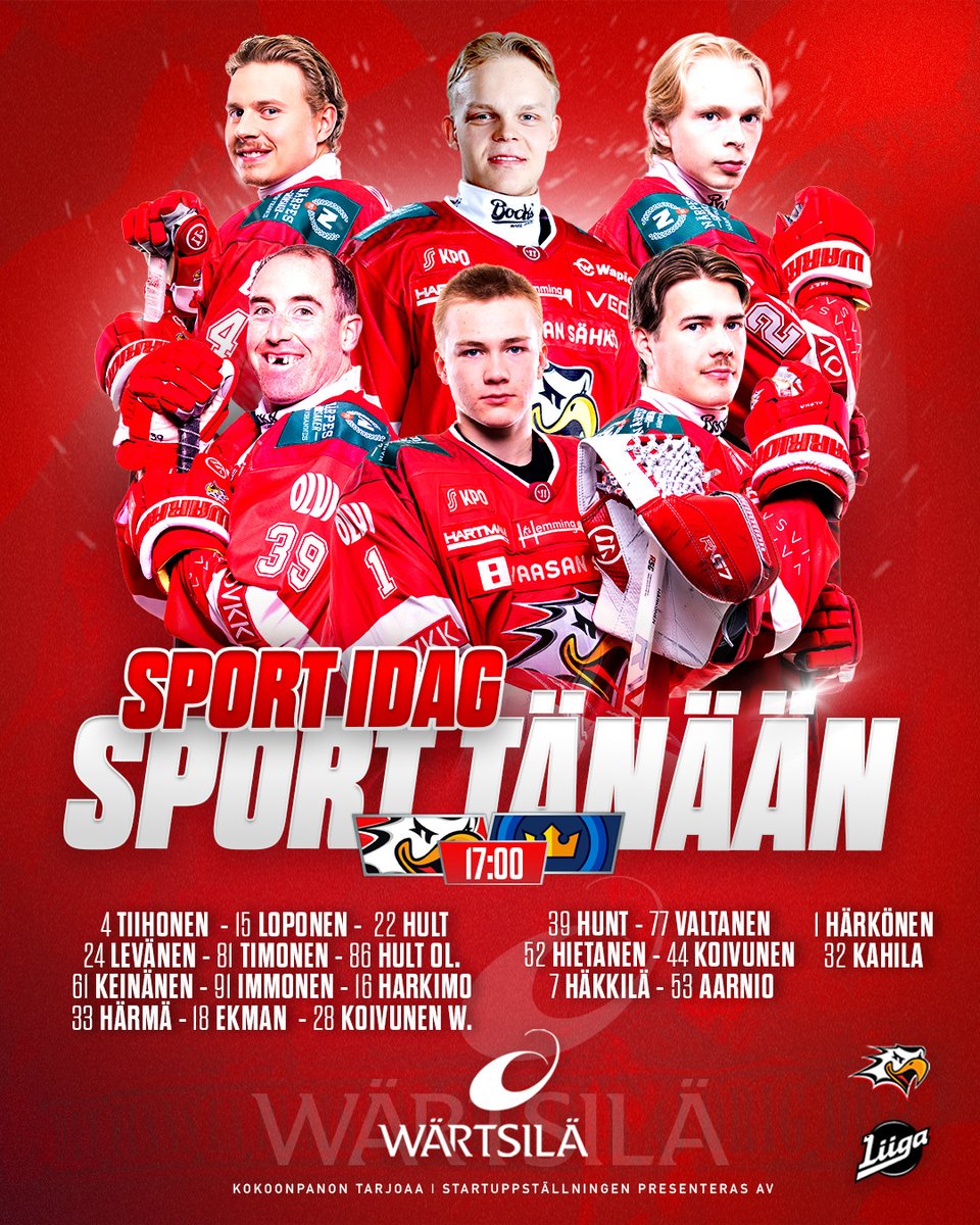 VaasanSport's tweet photo. SPORT TÄNÄÄN! ❤️🤍 Masi palaa maalin suulle, minkä ohella kokoonpanoon palaavat myös Eetu Levänen, Matti Härmä, Tim Ekman, Oliver Hult ja Jasper Valtanen. Samuli Piipponen on illan kokoonpanosta pois pelikiellon vuoksi.

Kokoonpanon tarjoaa: @wartsilavoice

#VaasanSport #Liiga https://t.co/STy2QAv1gf