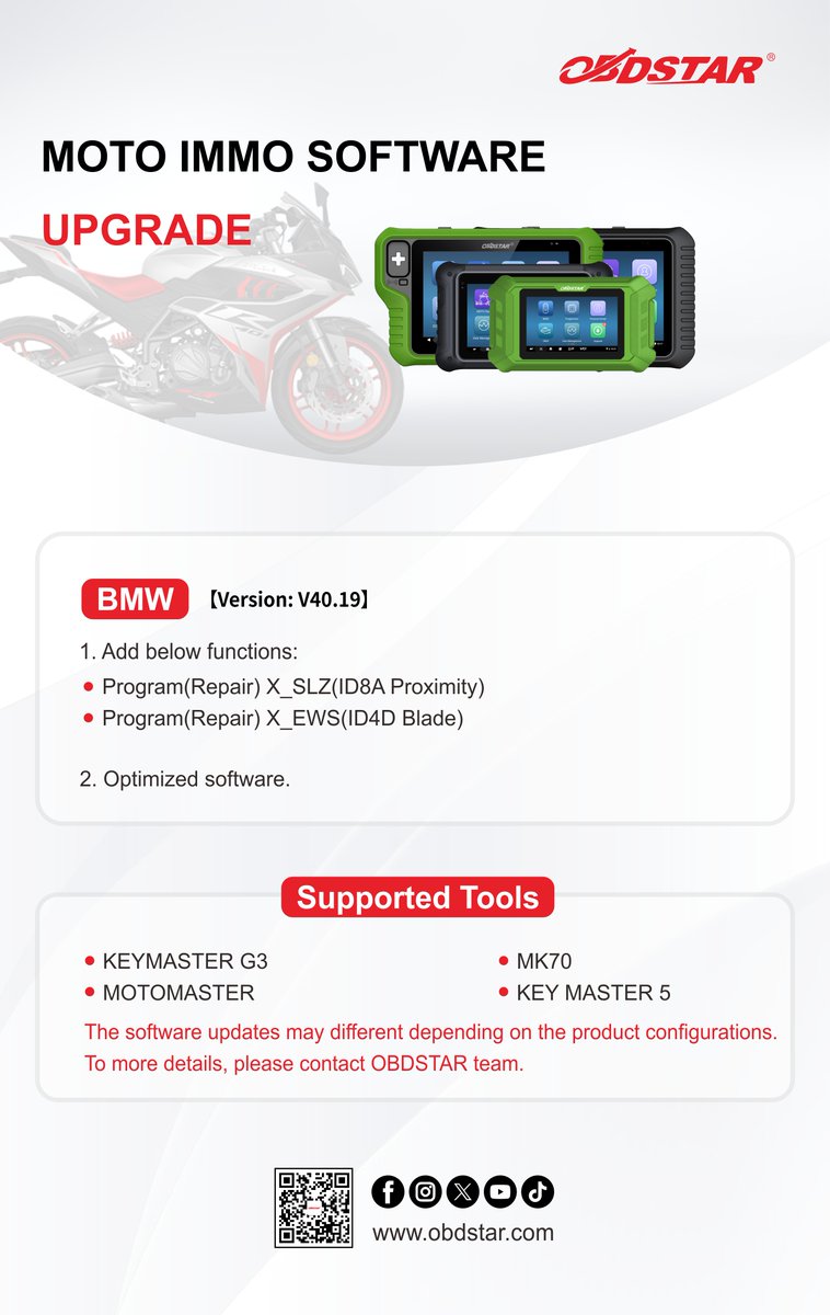 ObdstarTec's tweet photo. #OBDSTAR #Motorcycle #SoftwareUpgrade 🏍
MOTO Diag🌟
HONDA【V33.21】
HAOJUE【V33.15】
MOTO GUZZI【V33.21】
SOUO【V33.00】【FIRST RELEASE】
YAMAHA【V33.50】

MOTO IMMO🌟
BMW【V40.19】

#motorcyclerepair  #motrocyclescanner  #diagnostics  #motokeys  #MotoMaster https://t.co/BvCzJMKOVe