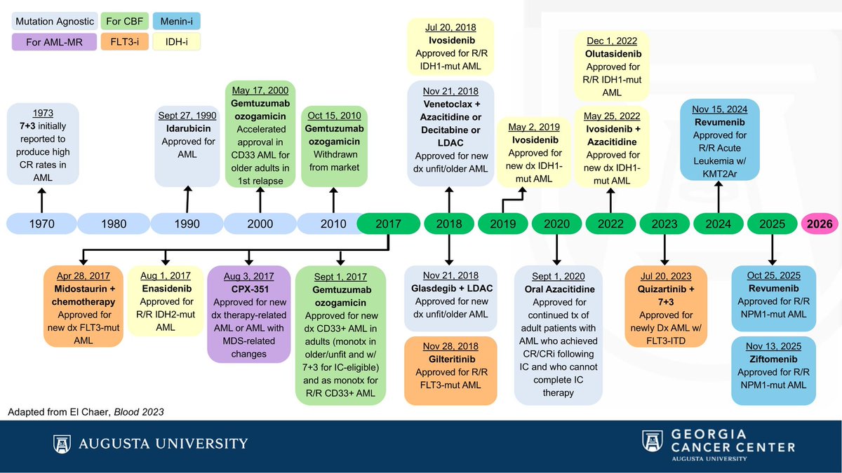 AML Therapeutic Timeline🧬

•1970–2000s: 7+3backbone ± 
•2017 :Targeted era begins
 –FLT3(midostaurin, gilteritinib, quizartinib)
 –IDH1/2(ivosidenib, enasidenib)
 –CPX-351 for AML-MR
 –Venetoclax + HMA/LDAC for unfit/older
• 2024–2025: Menin inhibitors (revumenib, ziftomenib)