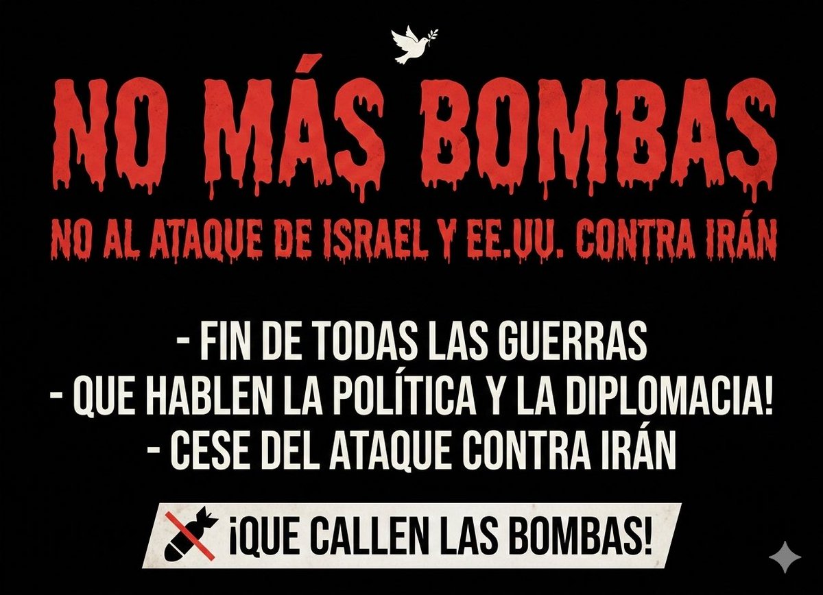 ManuPineda's tweet photo. 🇮🇷 Condenamos sin reservas la agresión criminal de Estados Unidos e Israel contra Irán. Los bombardeos y la intervención militar buscan un cambio de régimen que facilite la hegemonía de Israel en Oriente Medio y avanzar en la guerra global que Estados Unidos y sus aliados llevan contra los pueblos soberanos de Palestina, Venezuela, Cuba, Ucrania, Líbano, Yemen y toda la región.

Exigimos desescalada inmediata, respeto al derecho internacional y acción concreta del Gobierno de España y de la Unión Europea para frenar esta criminal ofensiva.

La paz exige acción hoy.
#AltoALaGuerra #Irán #PazParaOrienteMedio #NoALaGuerra

https://t.co/aW0W25lEME