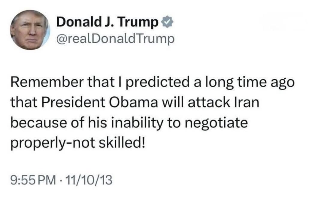 ImanJaamac's tweet photo. Halkan waa Trump oo 2013 ku eedeynaya Obama inuu weerarrayo Iiraan, sabab la xiriirta inuusan awood iyo xirfad u lahayn wada-xaajoodyada, balse maanta isaga ayaa amray duullaan si dhaqso ah saameyn ugu yeeshay bariga dhexe oo dhan, markii ay fashilmeen wada-hadalladii socday! https://t.co/cl8FdW9zeC