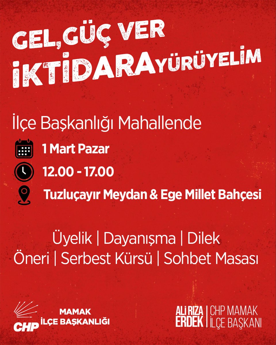 📍 İlçe Başkanlığı Mahallede!

1 Mart Pazar günü Tuzluçayır Meydan ve Ege Millet Bahçesi’nde hemşehrilerimizle buluşuyoruz.

Üyelikten öneriye, dayanışmadan serbest kürsüye kadar söz de mikrofon da mahallede olacak.

Mahallenin sorunlarını birlikte konuşacak, çözümü birlikte