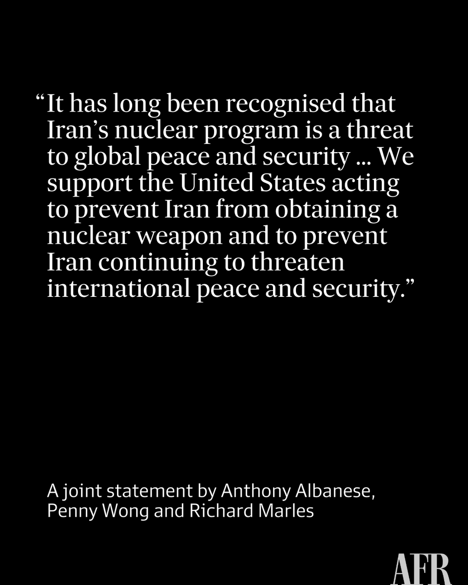 FinancialReview's tweet photo. The Australian government has backed the military strikes against Iran’s regime, saying it had been a destabilising force for decades.

Read more: https://t.co/XOhc2aHloz https://t.co/gc5aWsH8uQ