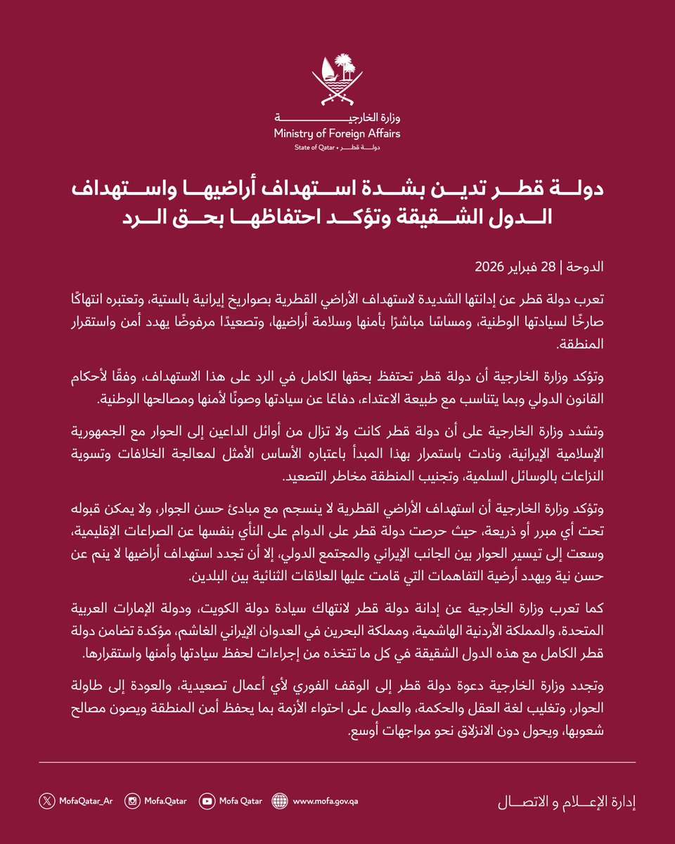 بيان | دولة قطر تدين بشدة استهداف أراضيها واستهداف الدول الشقيقة وتؤكد احتفاظها بحق الرد

الدوحة | 28 فبراير 2026

تعرب دولة قطر عن إدانتها الشديدة لاستهداف الأراضي القطرية بصواريخ إيرانية بالستية، وتعتبره انتهاكًا صارخًا لسيادتها الوطنية، ومساسًا مباشرًا بأمنها وسلامة أراضيها،