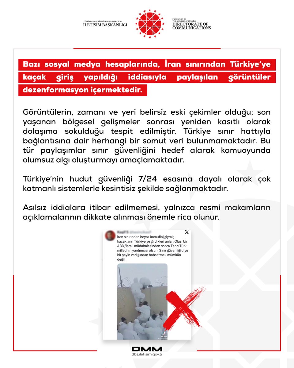 Bazı sosyal medya hesaplarında, İran sınırından Türkiye’ye kaçak giriş yapıldığı iddiasıyla paylaşılan görüntüler dezenformasyon içermektedir.

Görüntülerin, zamanı ve yeri belirsiz eski çekimler olduğu; son yaşanan bölgesel gelişmeler sonrası yeniden kasıtlı olarak dolaşıma