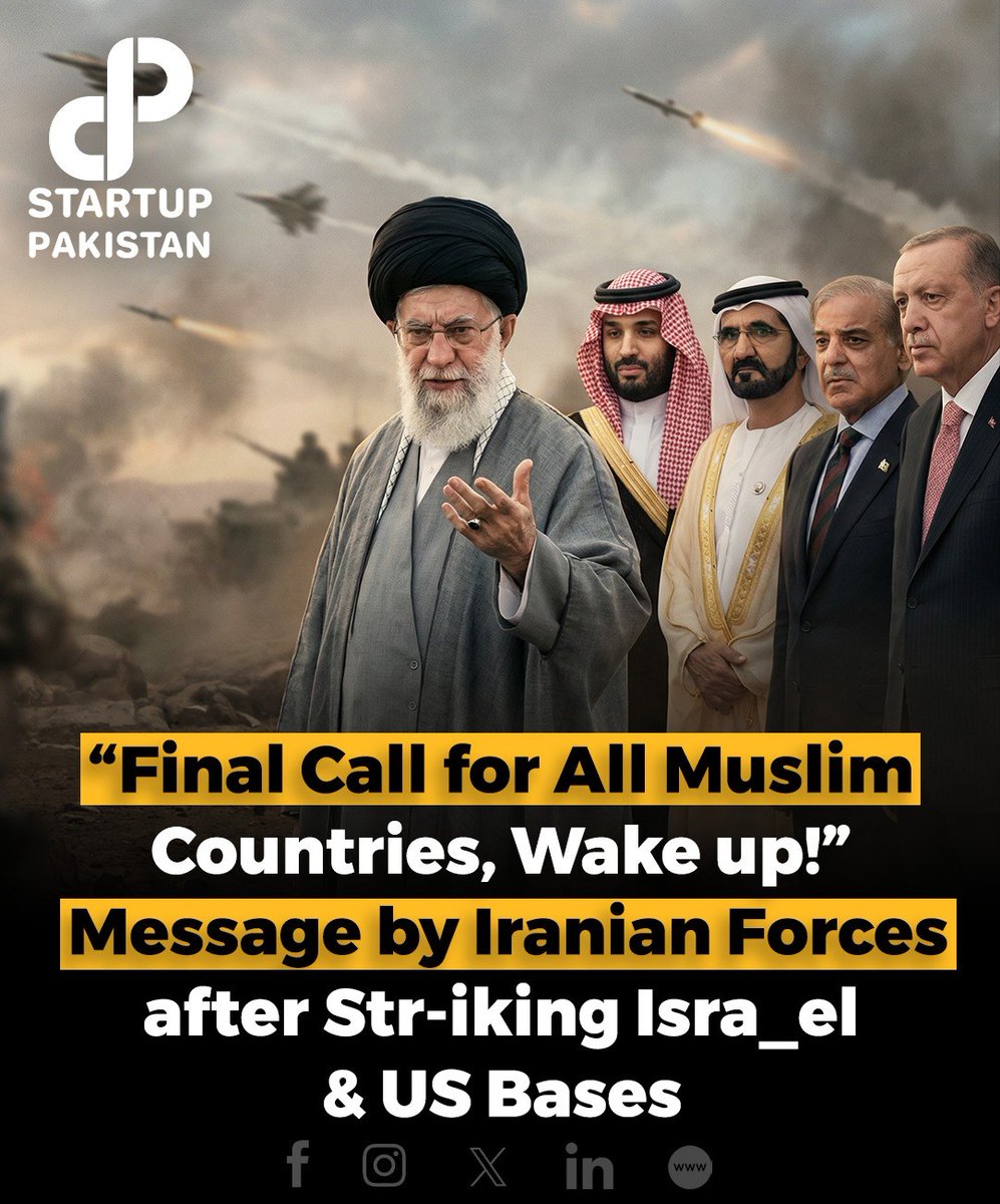 PakStartup's tweet photo. "Final Call for All Muslim Countries, Wake up!" Message by Iranian Forces after Str-iking Isra_el &amp; US Bases

 Disclaimer: This content is informational purposes only and based on available Reports and Image is AI Generated and just for Reference https://t.co/DrUWMl0yrp