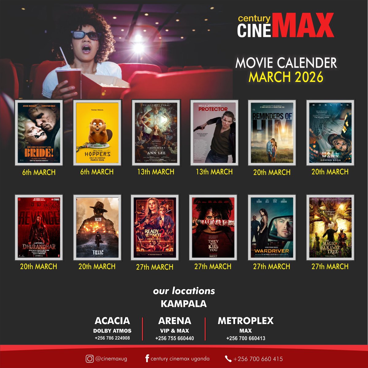 CinemaxUg's tweet photo. Stop scrolling and start planning. Which of these March premieres are we watching together @CinemaxUg.
#TheBrideMovie #Hoppers #TheTestamentofAnnLee #ProtectorMovie #RemindersOfHim #ProjectHailMary #ReadyorNot2 #TheyWillKillYou #WardriverMovie #TheMagicFarawayTree #ComingSoon https://t.co/Q270XD7hls